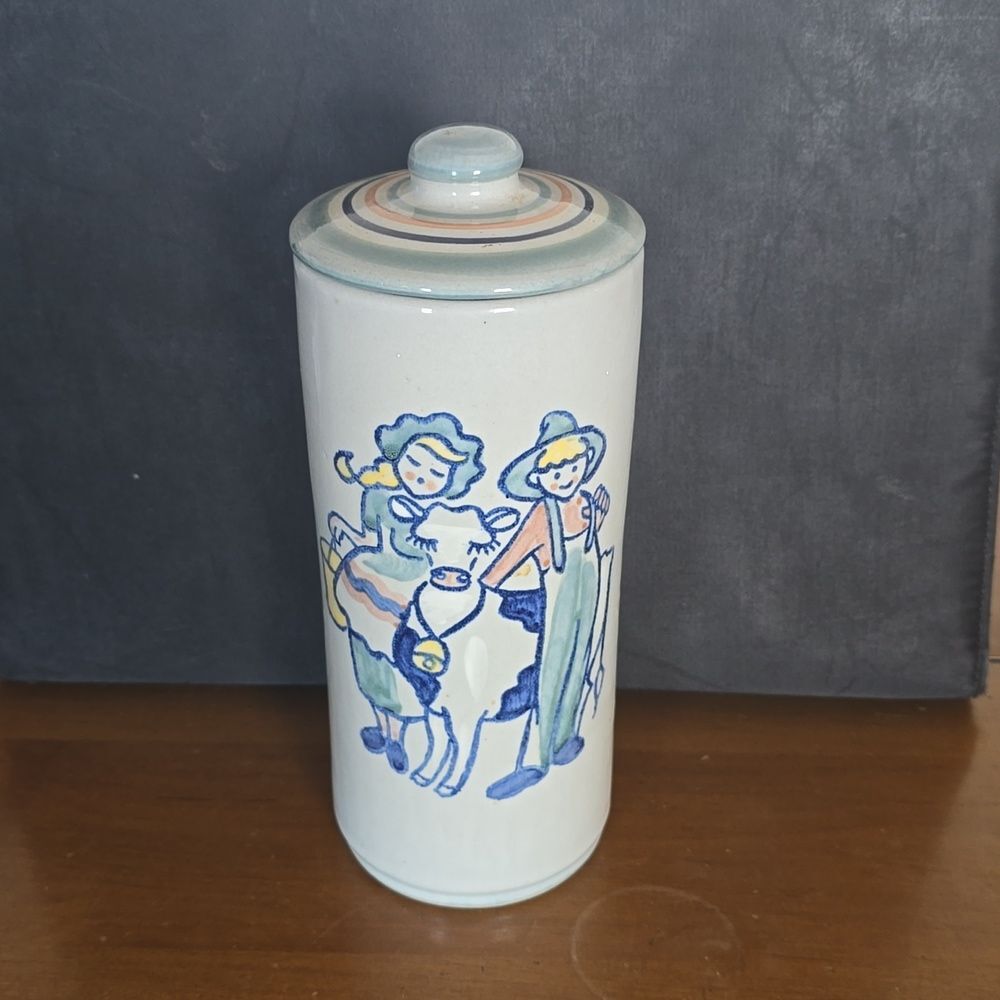 Louisville Stoneware Canister  -Hadley - Milk And Honey Farmer, Wife, Cow 7 inch